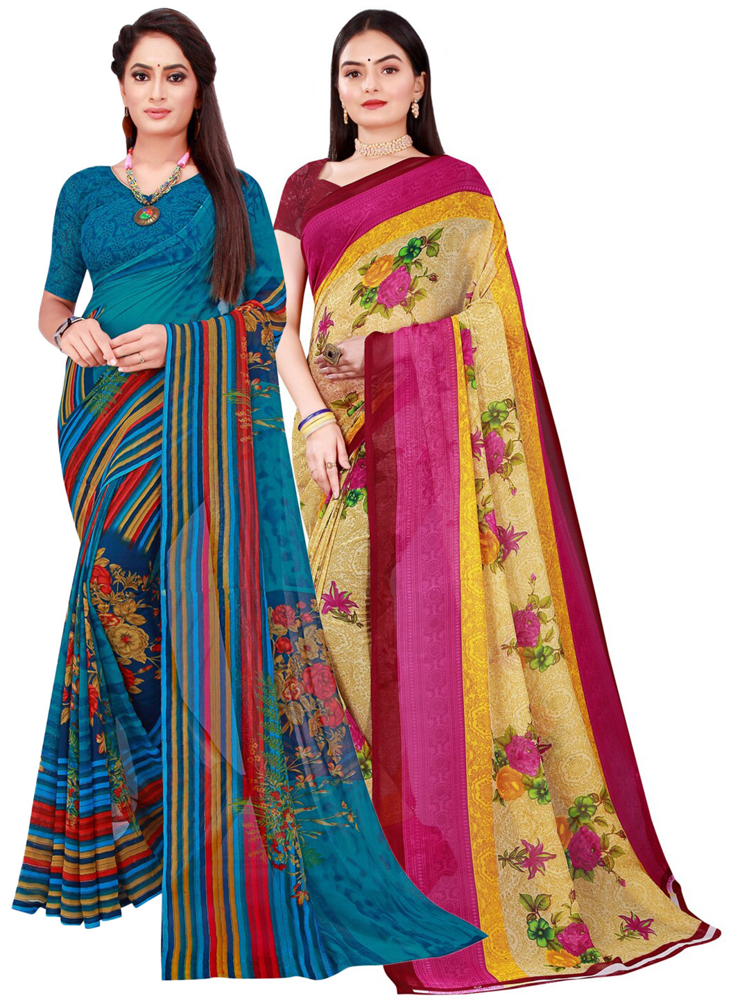 KALINI Beige & Turquoise Blue Geometric Printed Pack of 2 Pure Georgette Saree