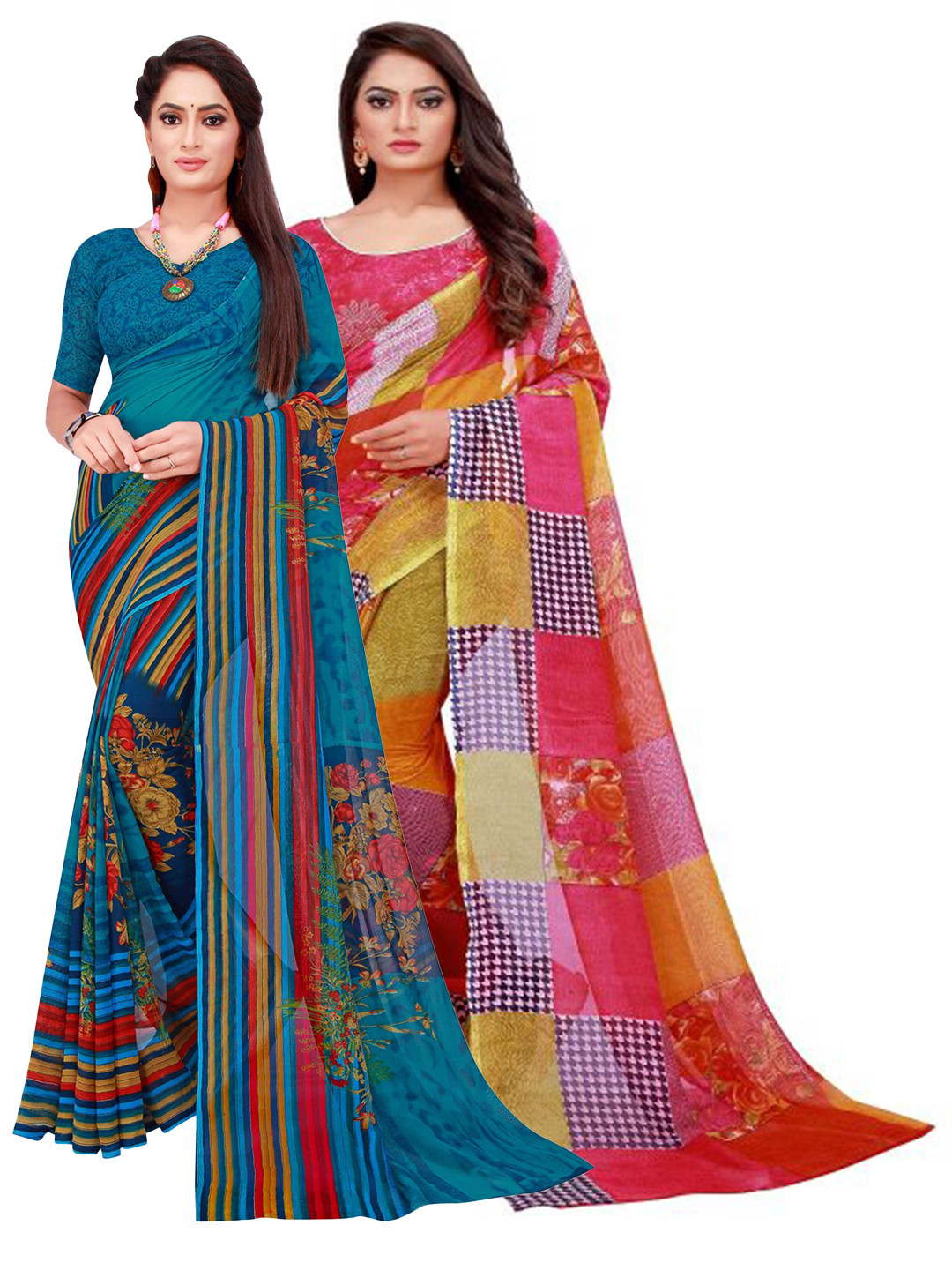 KALINI Red & Blue Geometric Pack of 2 Pure Georgette Saree