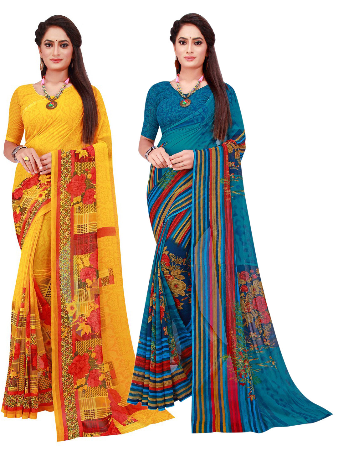 KALINI Yellow & Blue Geometric Pack of 2 Pure Georgette Saree