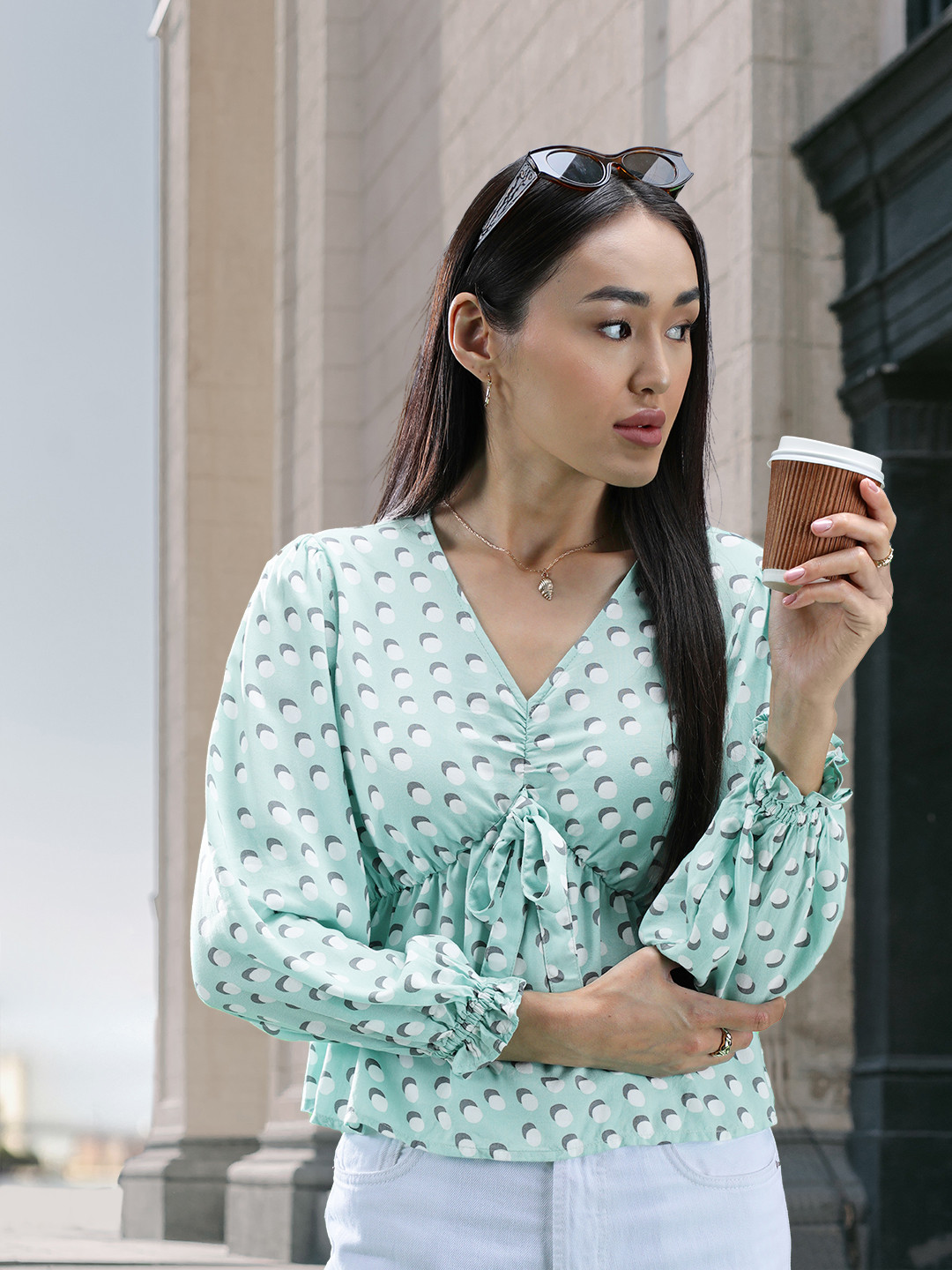 ONLY Women Blue & White Floral Printed V-neck Empire Top