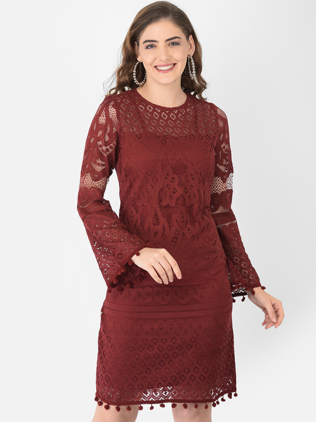 Eavan Maroon Self Design Lace Sheath Dress