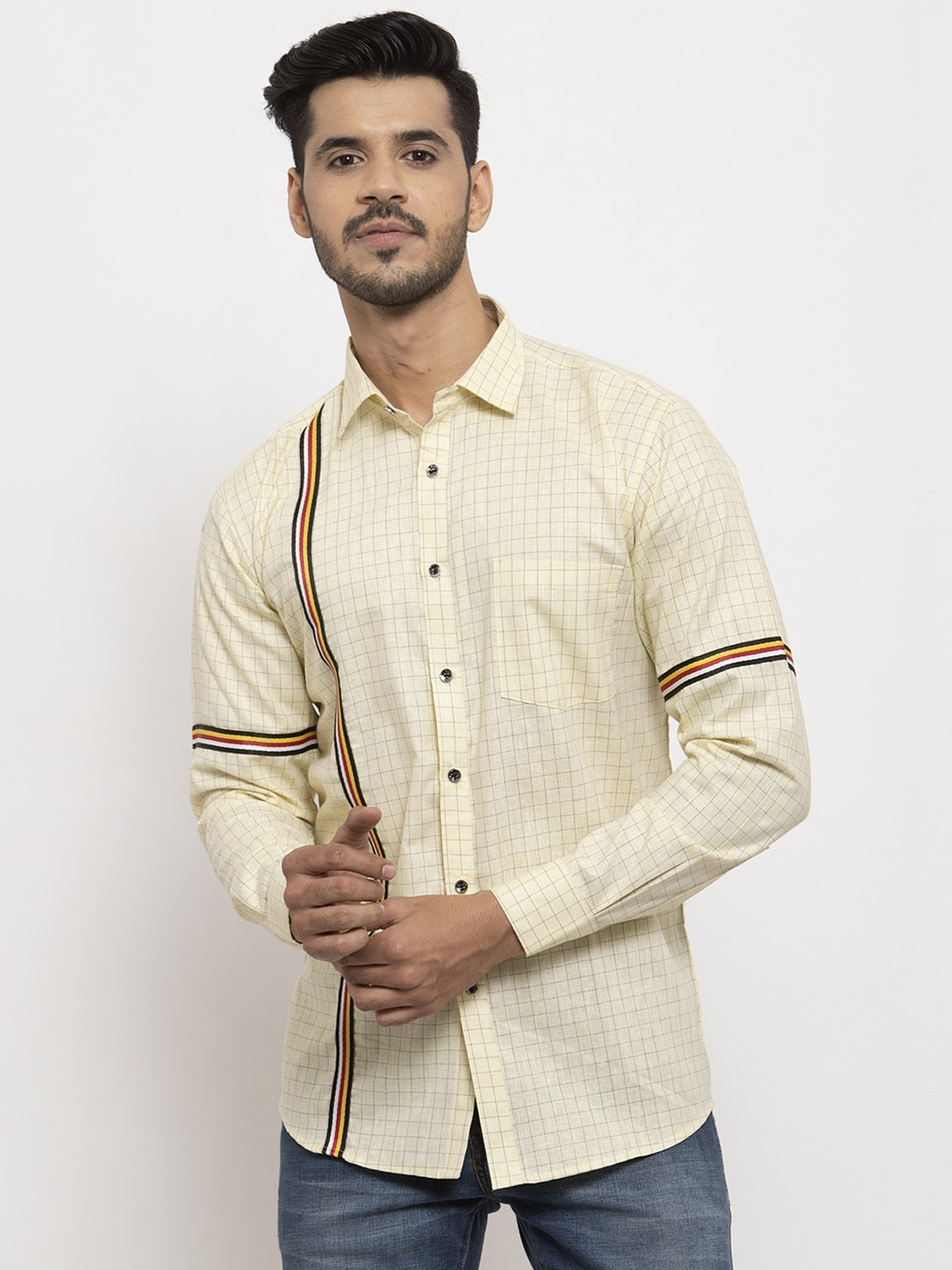 KLOTTHE Men Yellow Grid Tattersall Checks Checked Casual Shirt