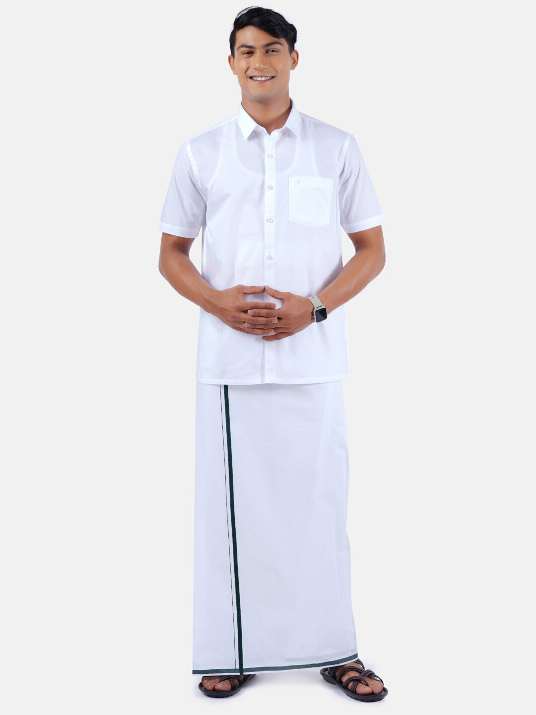 Ramraj Men White Pure Cotton Shirt with border Dhoti Set