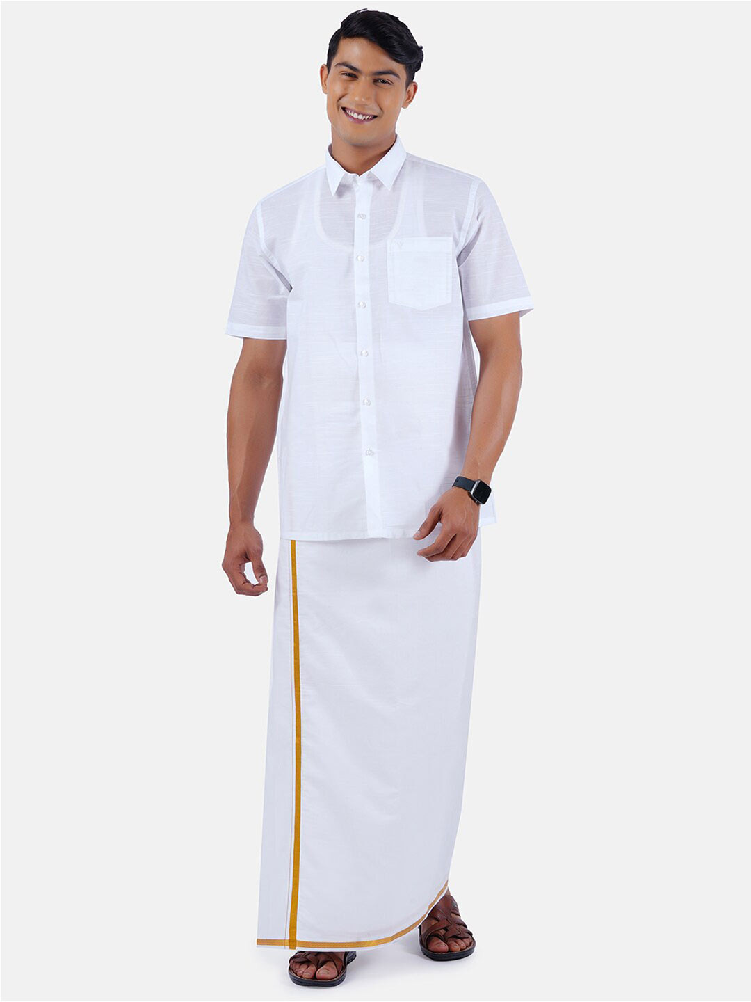 Ramraj Men Pure Cotton Solid Shirt with gold border Dhoti