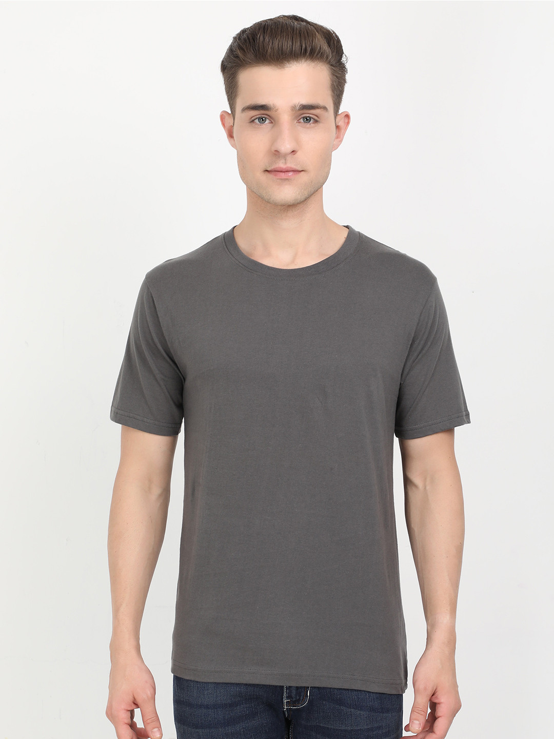 Fleximaa Men Steel Grey Solid Cotton T-shirt