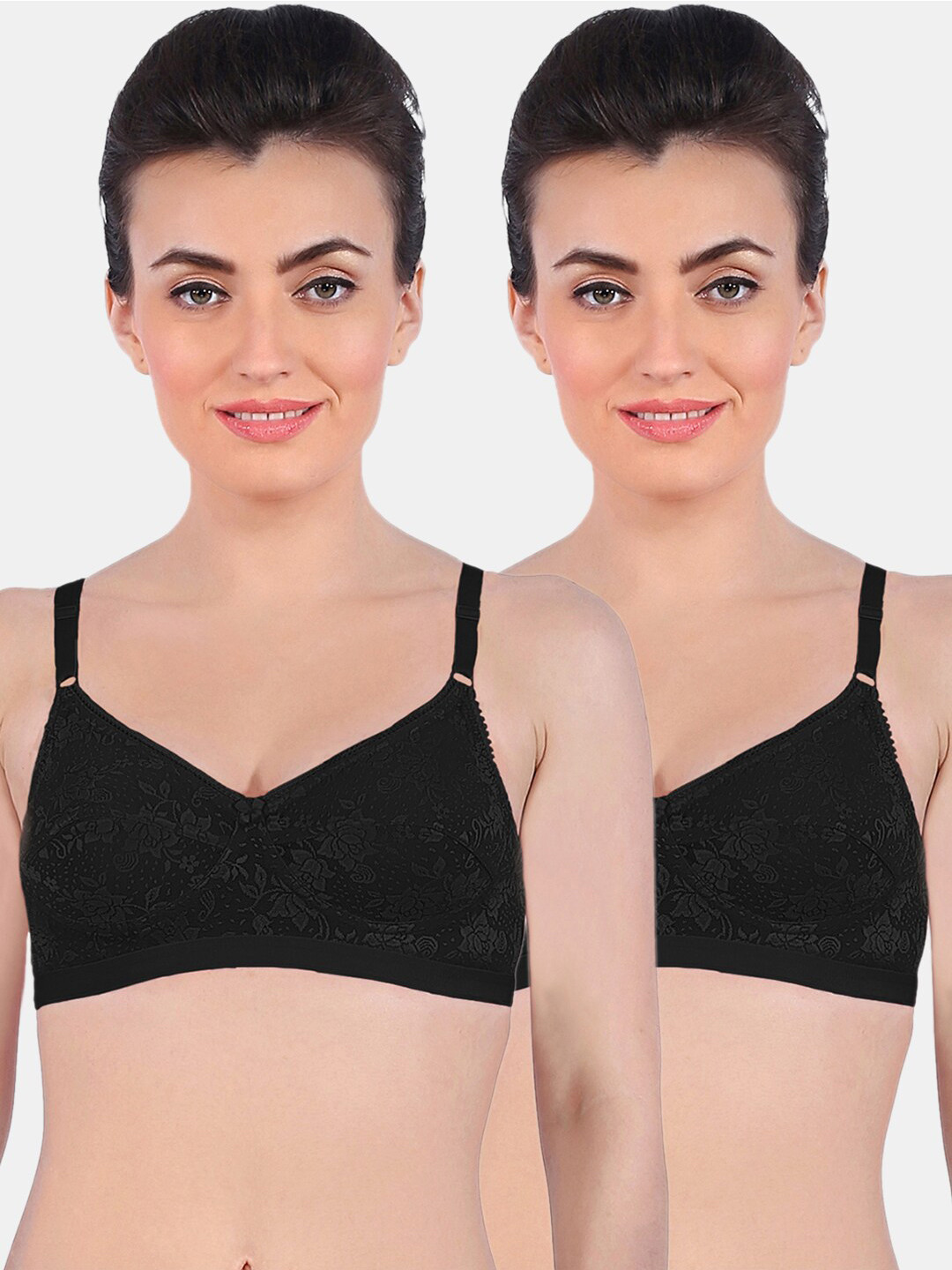 Sonari Black Set Of 2 Floral Non-Padded Fancy Net  Bra