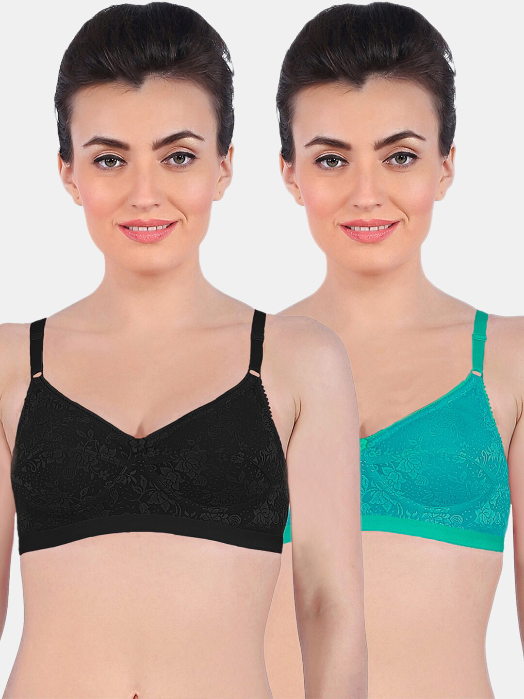 Sonari Green & Black Set Of 2 Floral Non-Padded Fancy Net Bra