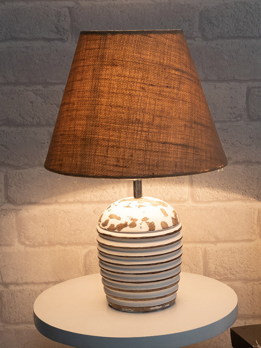 Homesake Beige Wooden Ribbed Basket Table Lamp With Jute Shade