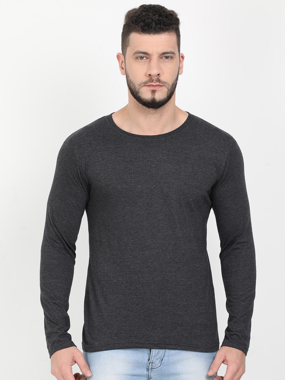 Fleximaa Men Charcoal Raw Edge T-shirt