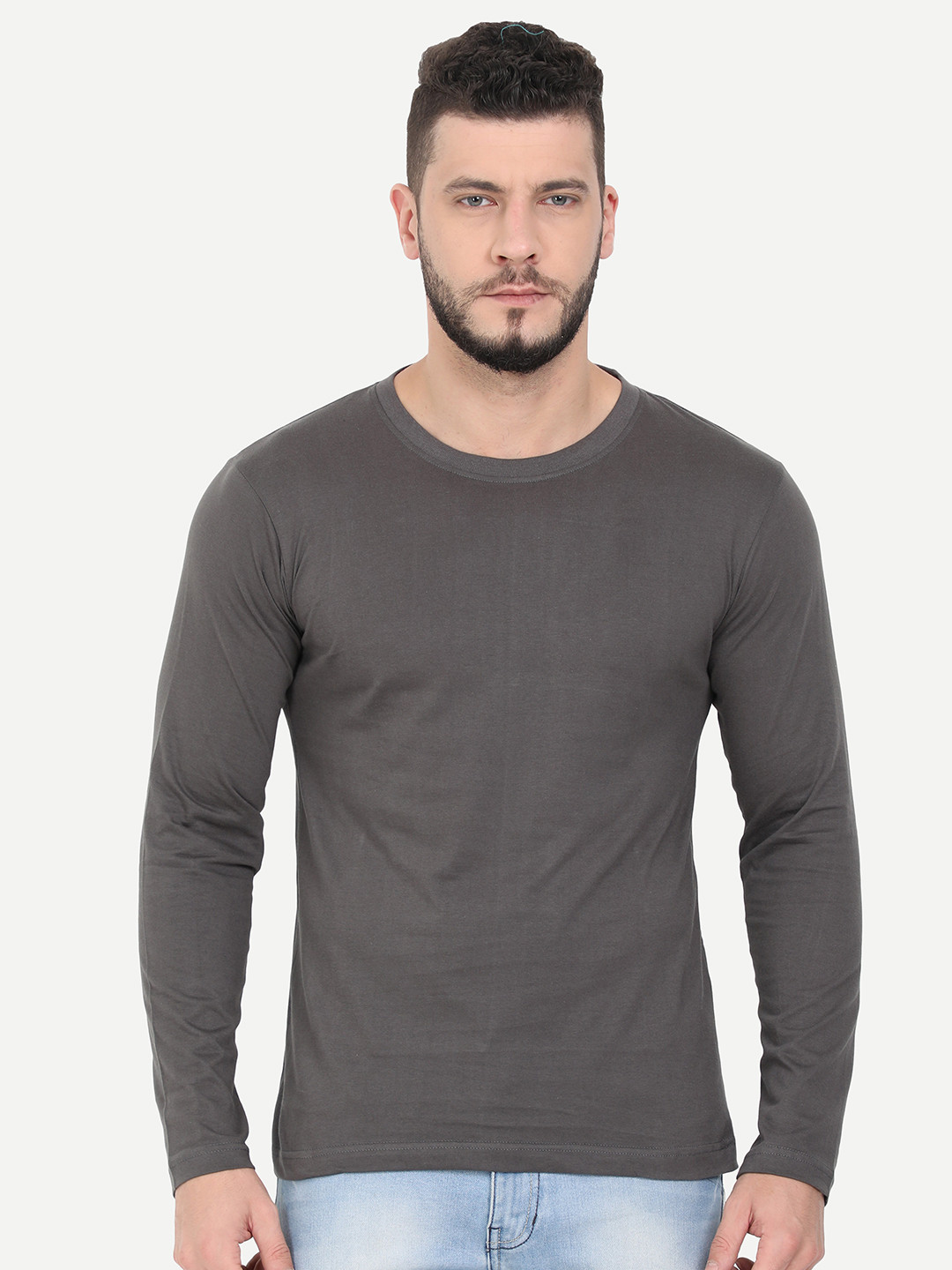 Fleximaa Men Steel Solid Round Neck Long Sleeves T-shirt