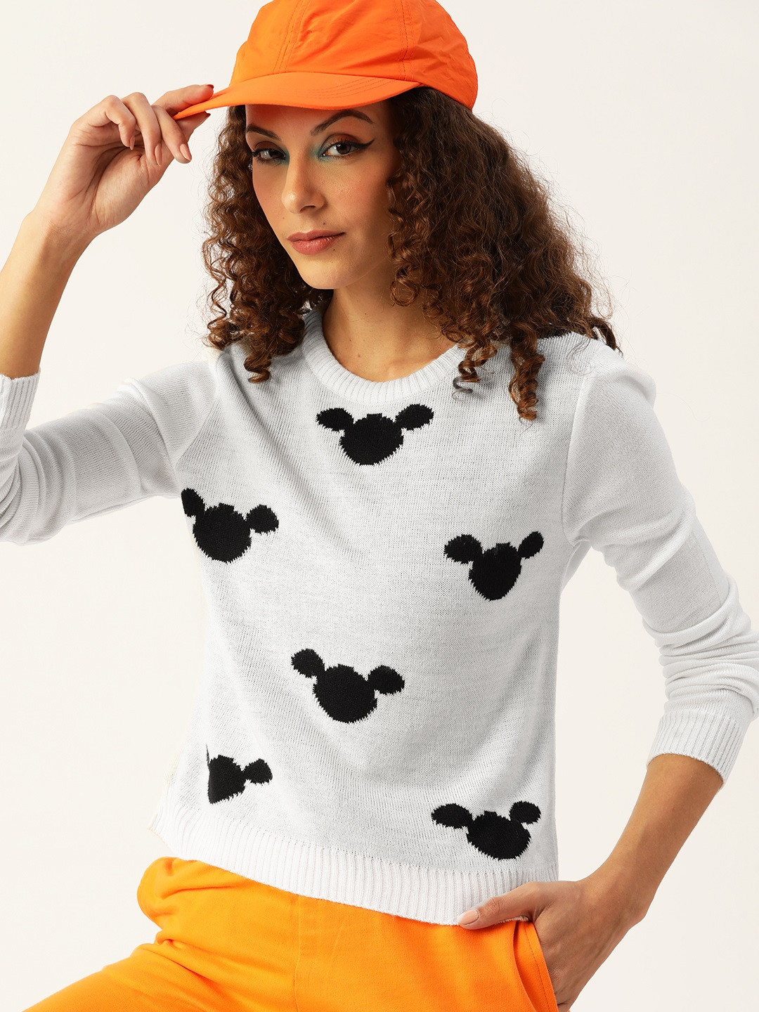 Kook N Keech Disney Women White & Black Acrylic Self-Design Knitted Pullover