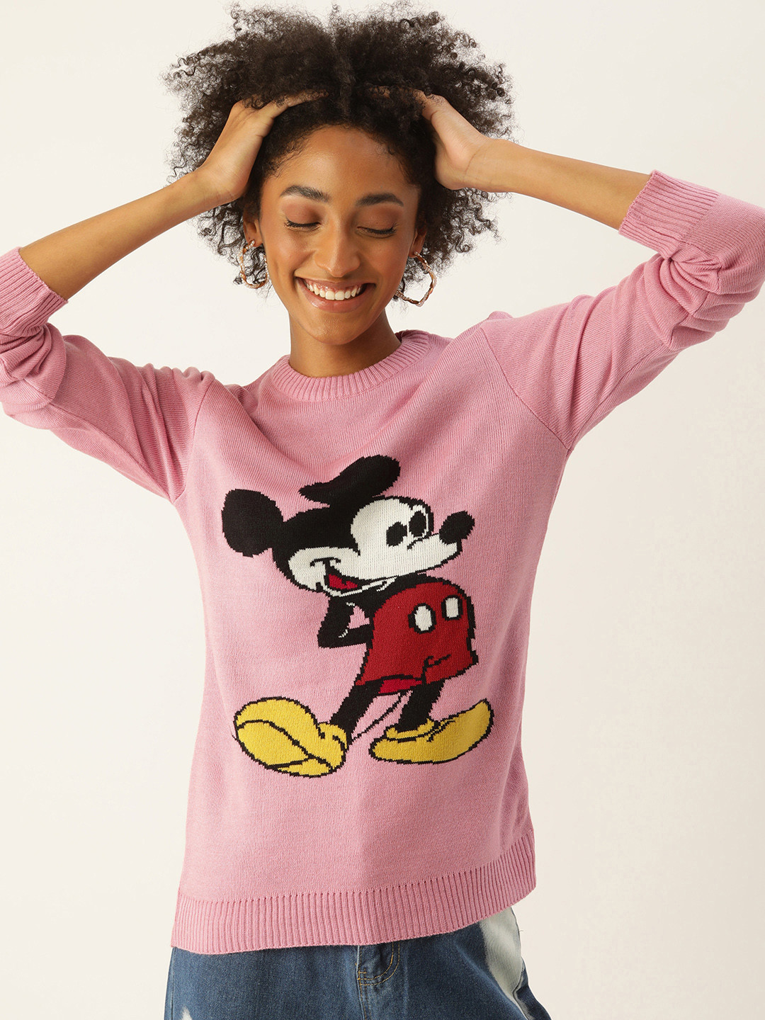 Kook N Keech Disney Women Pink & White Mickey Mouse Printed Pullover Sweater