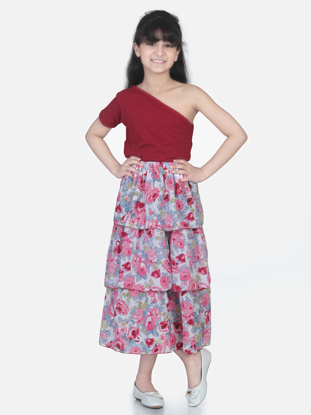 AWW HUNNIE Girls Maroon & Blue Top with Skirt