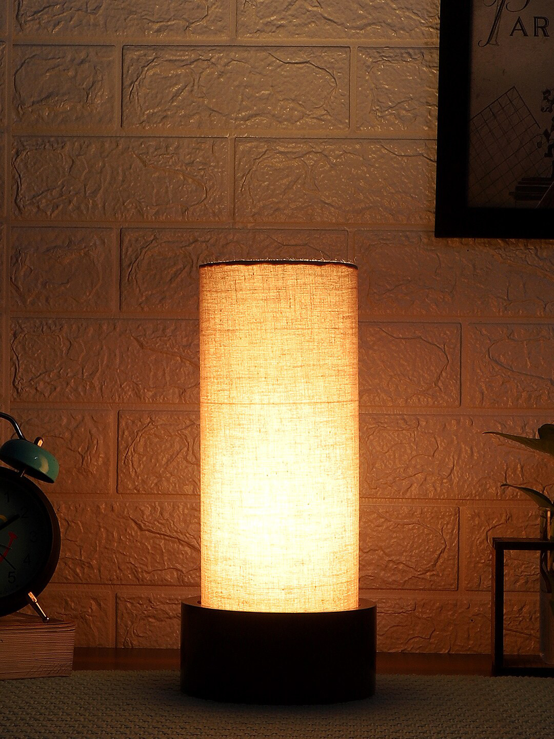 Devansh Grey & Brown Solid Wood Cylinder Table lamp Cotton Shade