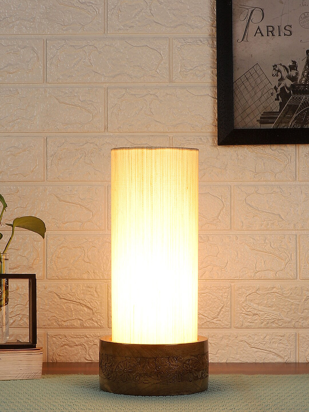 Devansh Off White Cotton Table Lamp with Wood Base