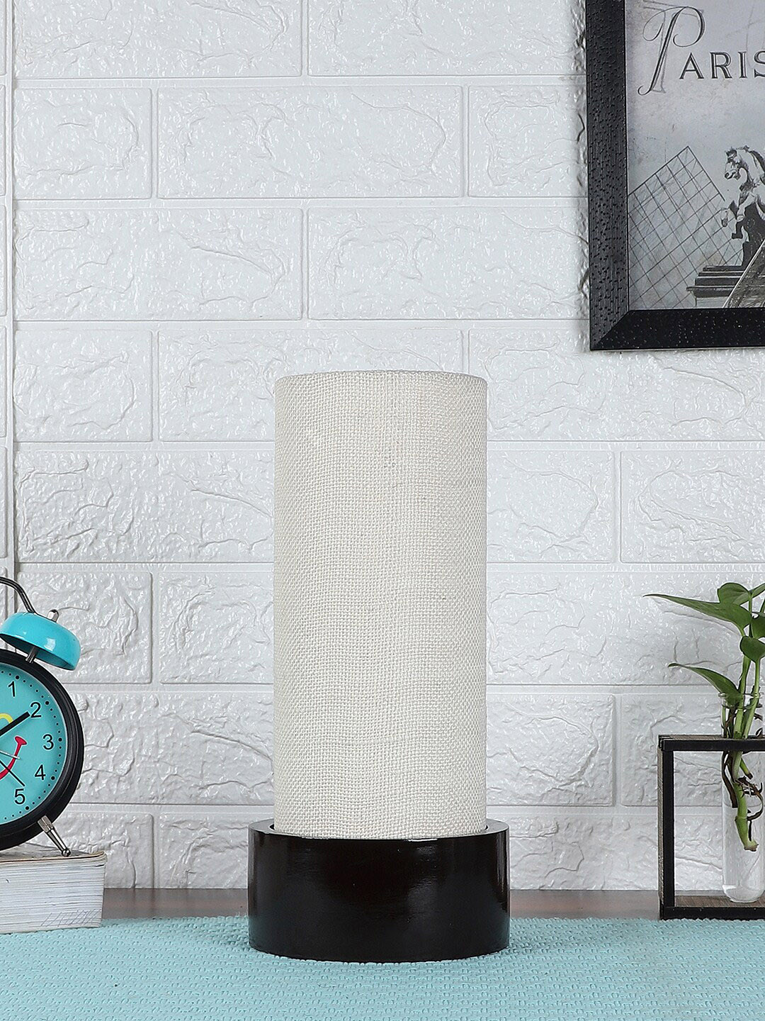 Devansh White Wood Table Lamp With Cylindrical Jute Shade