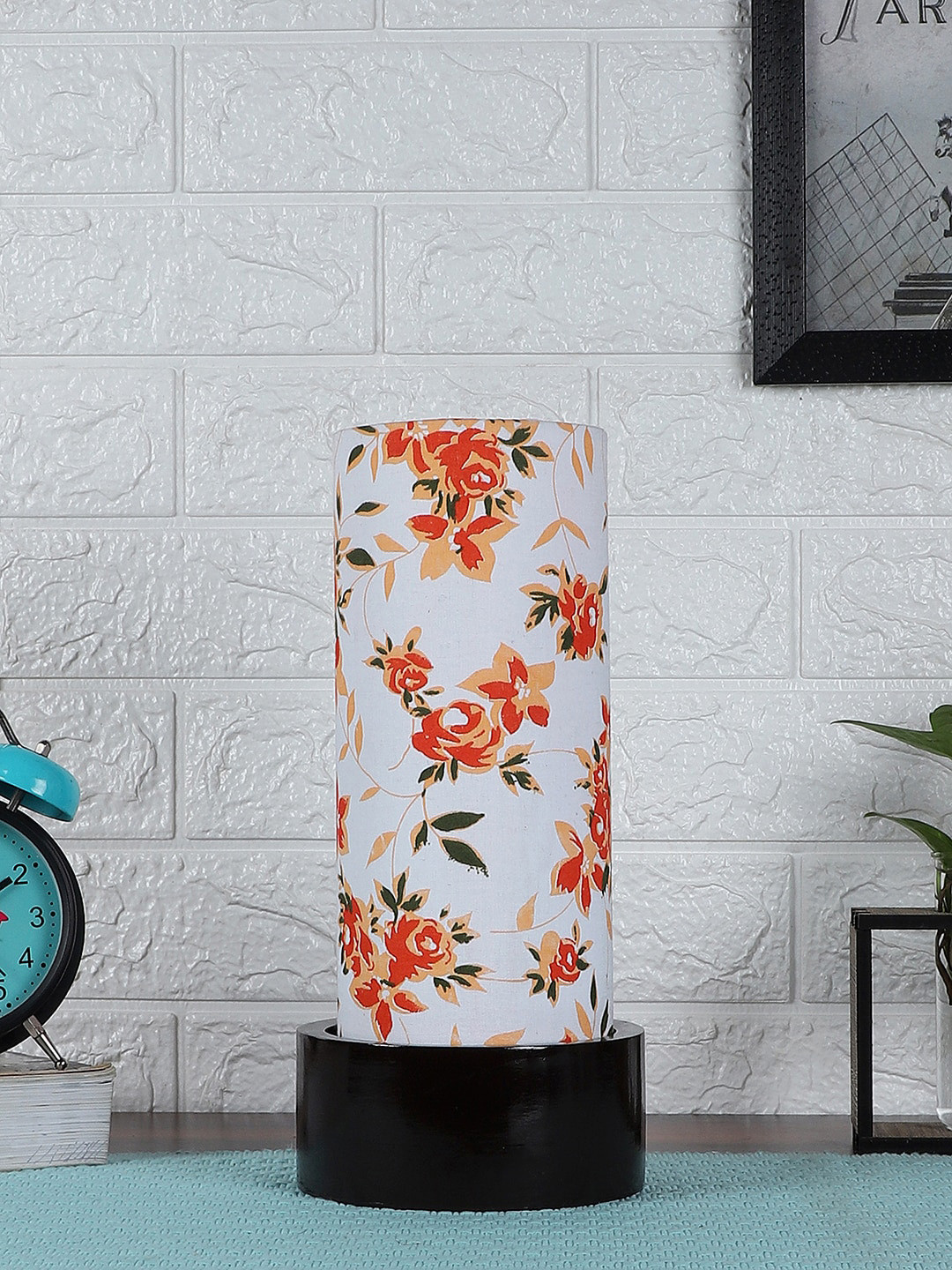 Devansh White & Orange Printed Cylindrical Bedside Standard Table Lamp with Shade