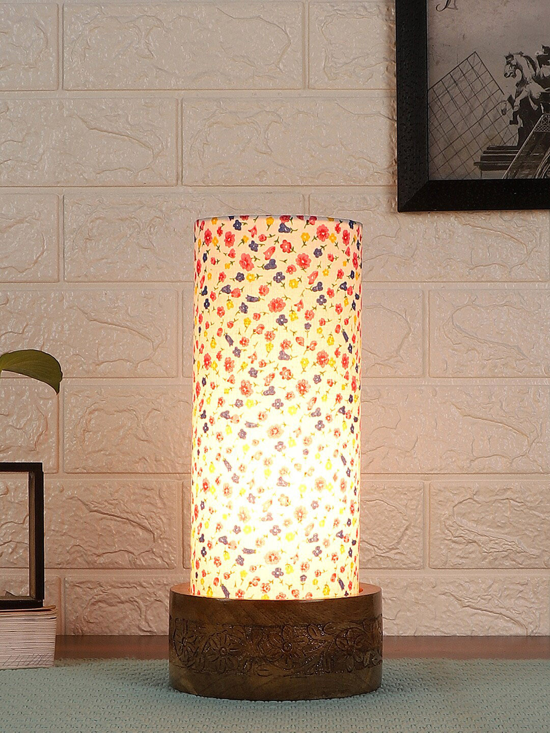 Devansh Multi Cotton Table Lamp with Wooden Base