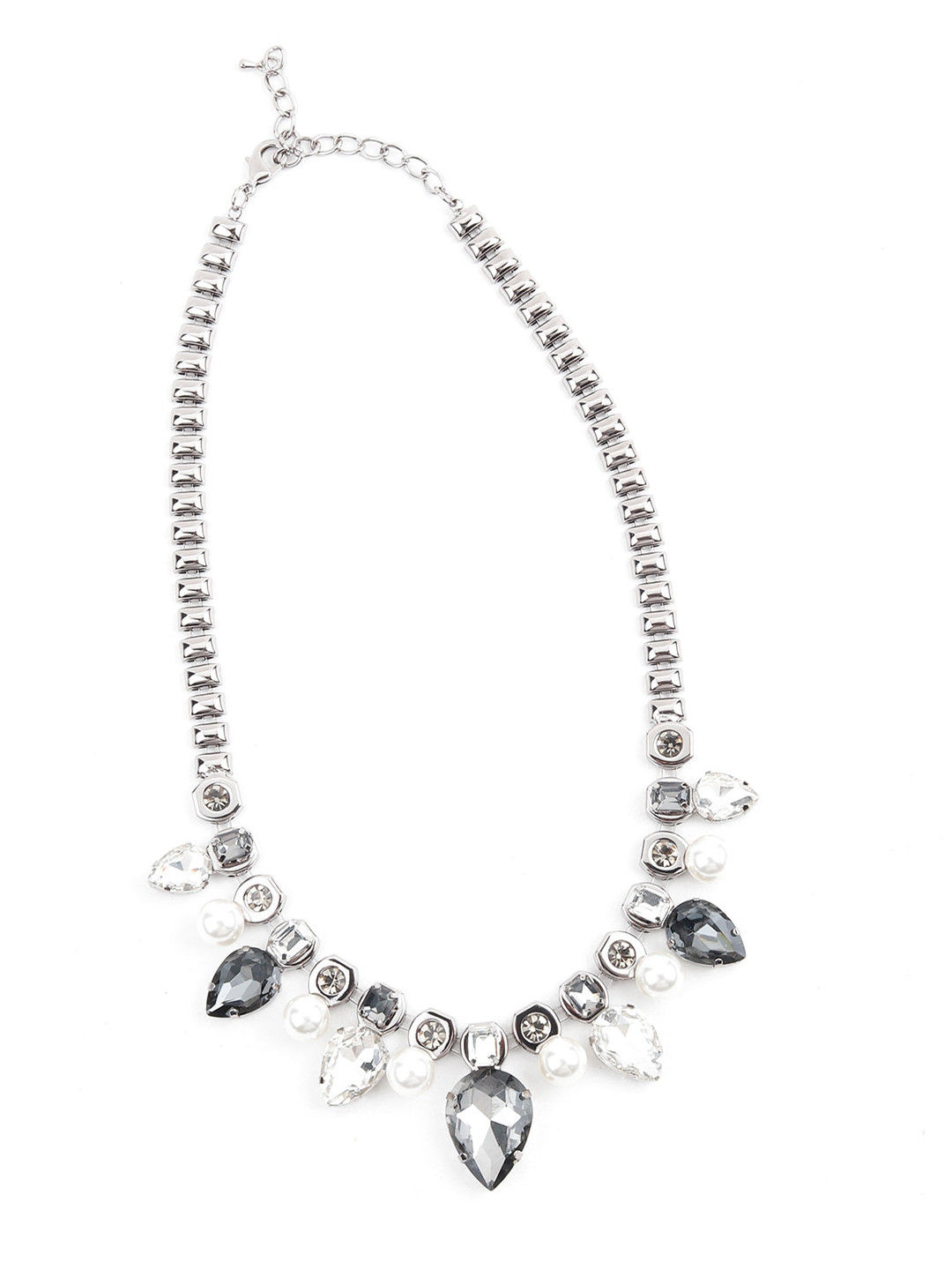 ODETTE Silver-Toned & White Rhinestone & Pearl Necklace