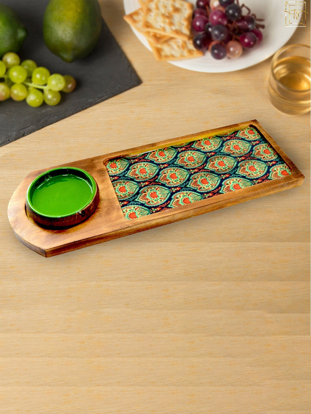 Tranquil square Green Peacock Printed Snack Serving Tray