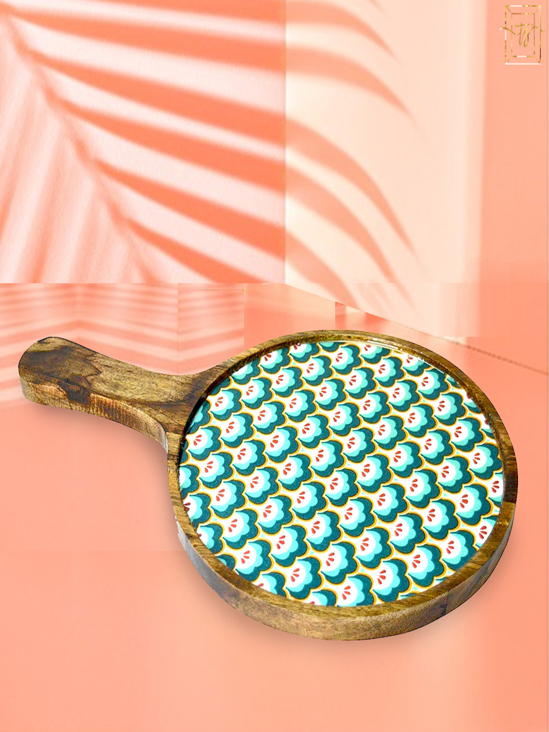 Tranquil square White & Blue Printed Pizza Serving Wooden Platter