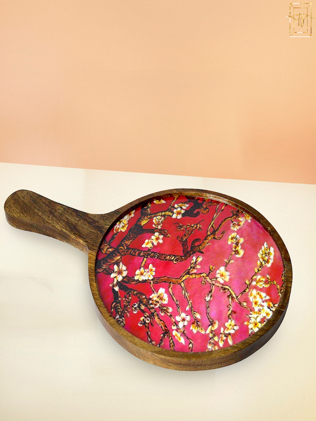 Tranquil square Pink & Brown Floral Printed Pizza Serving Tray