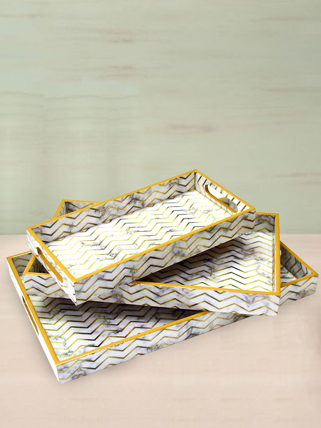Tranquil square Set of 3 White & Gold Wooden Printed Serving Tray