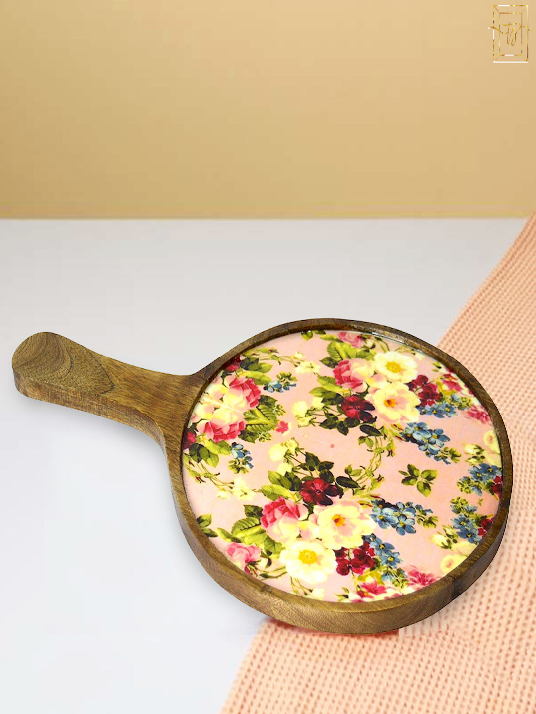 Tranquil square Pink & Yellow Floral Printed Wooden Pizza Platter