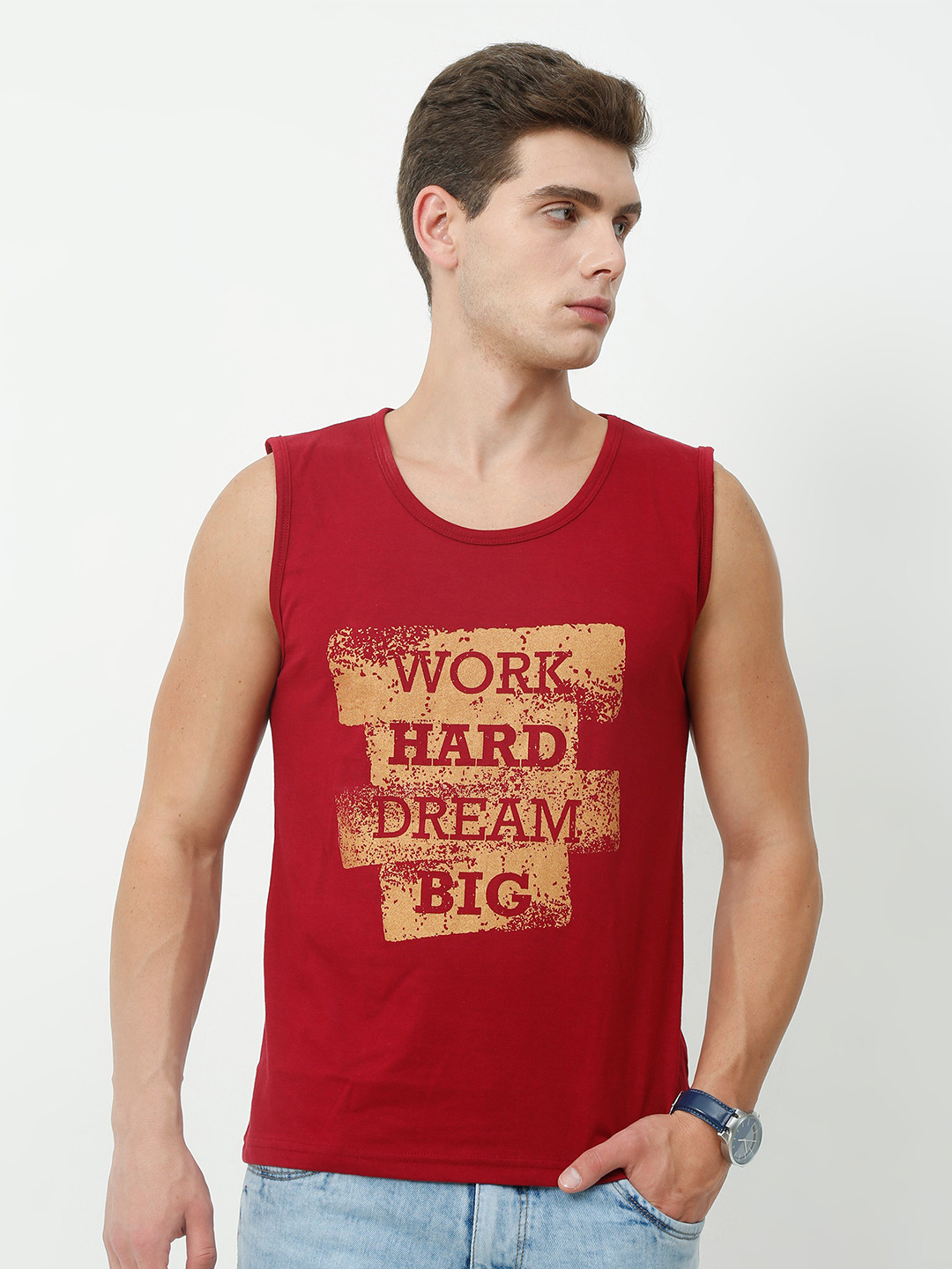 Fleximaa Men Maroon Typography Printed Raw Edge Running T-shirt