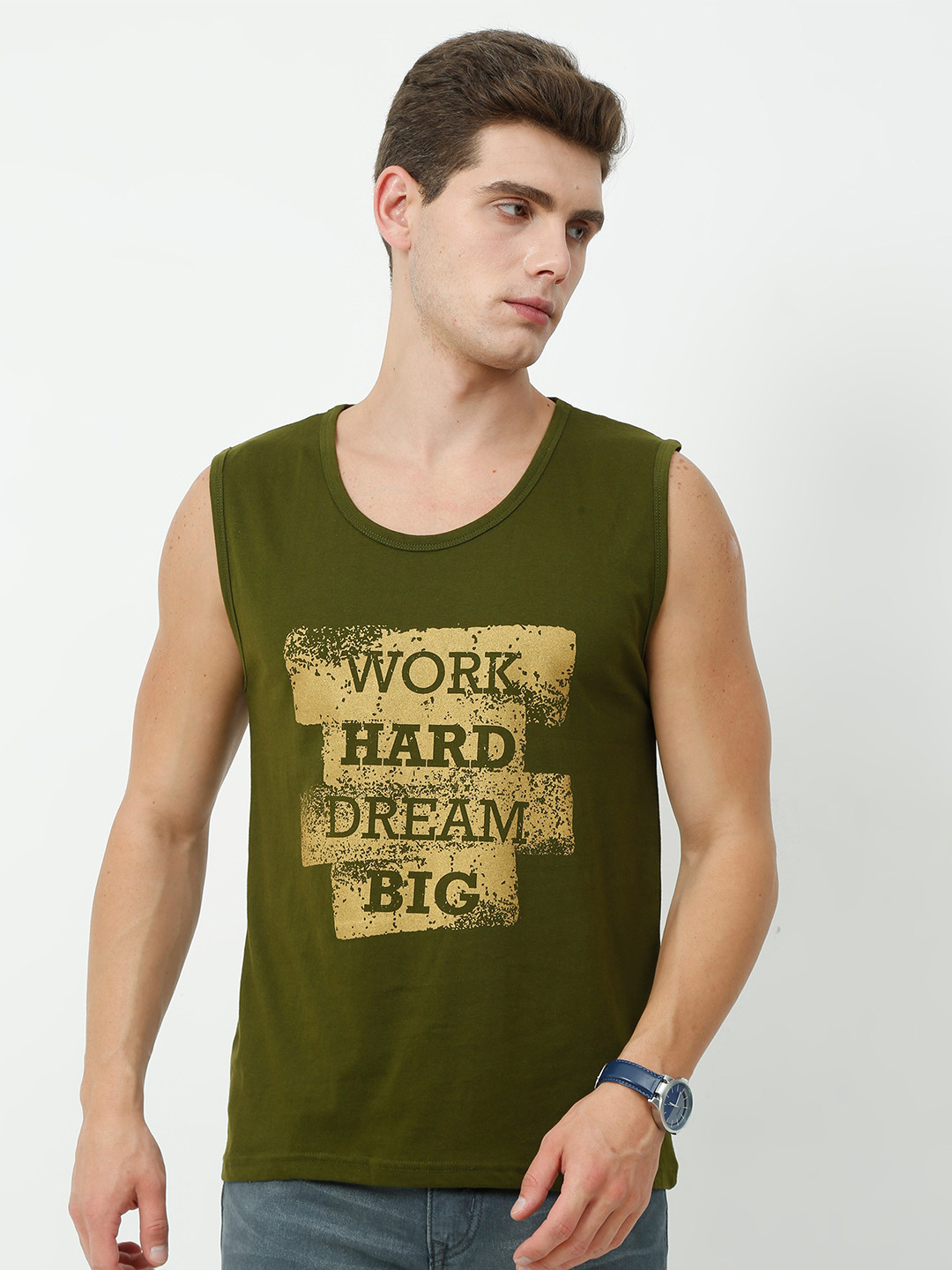 Fleximaa Men Olive Green Typography Printed T-shirt