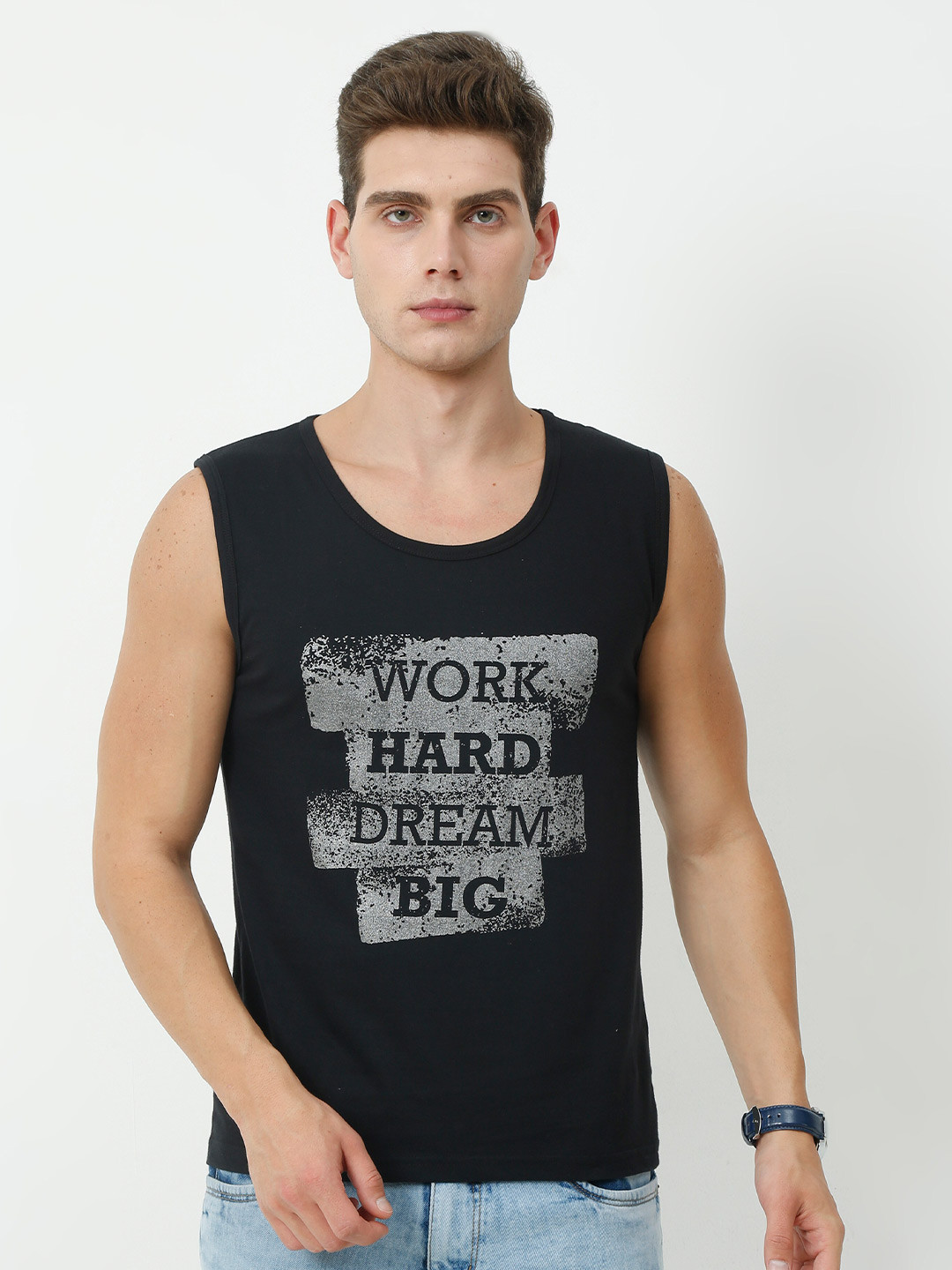 Fleximaa Men Black Typography Printed Sleeveless T-shirt