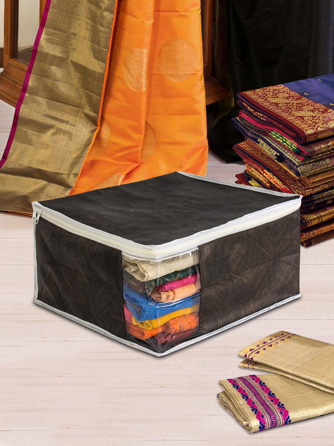 prettykrafts Set of 3 Black Jute Printed Saree Organisers