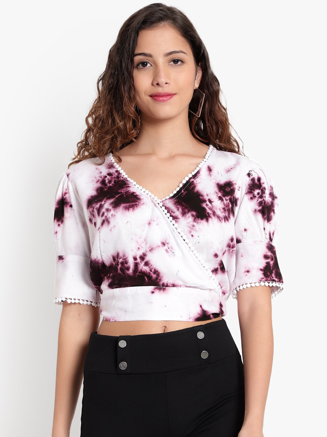 Indietoga Women Plus Size Purple Tie & Dye Crop Wrap Top