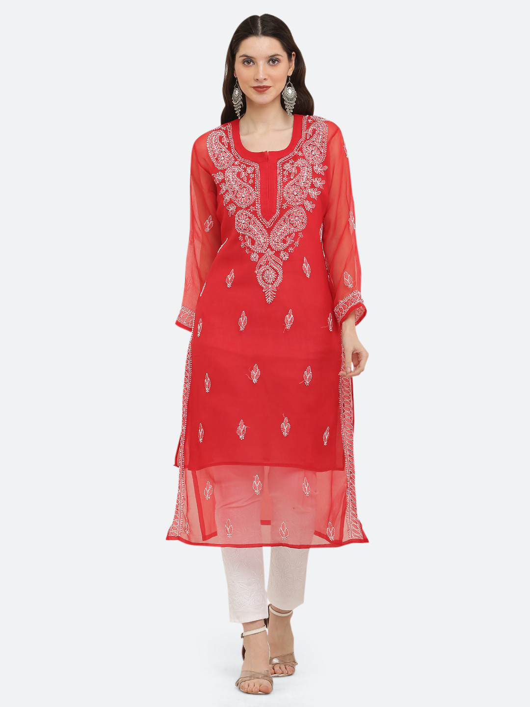 FAWOMENT Women Ethnic Motifs Embroidered Chikankari Georgette Kurta with Inner