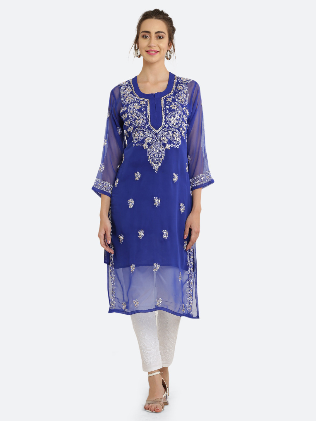 FAWOMENT Paisley Embroidered Chikankari Georgette Handloom Georgette Kurta with Inner