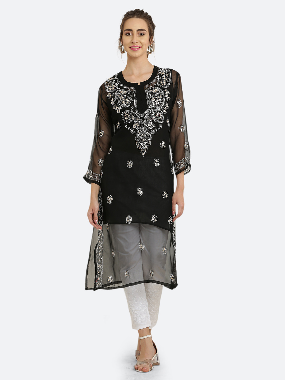 FAWOMENT Black Paisley Yoke Design Georgette Handloom Georgette Straight Kurta with Inner