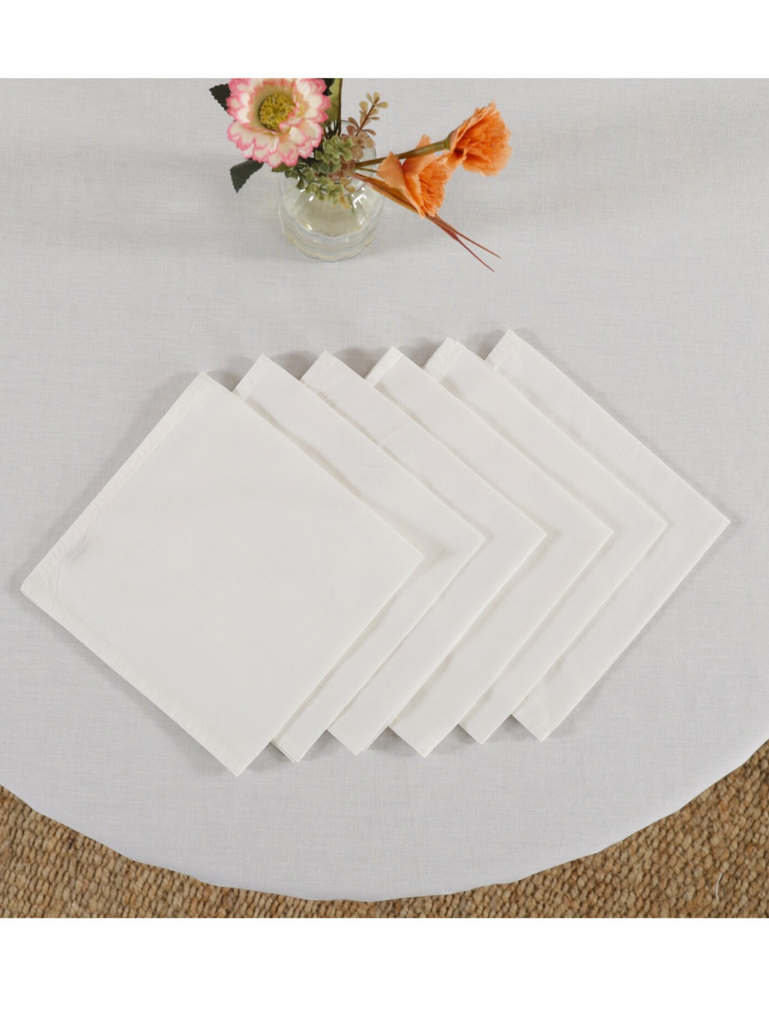 HANDICRAFT PALACE White Cotton Solid Round 6 Seater Table Cover With Napkins