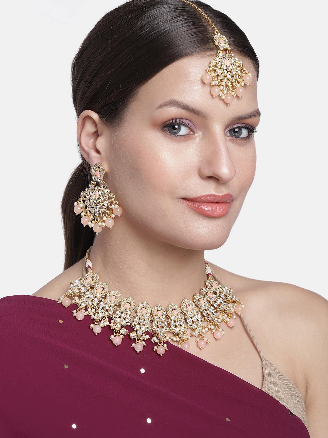 Kord Store Gold-Plated & Peach-Coloured Traditional Stylist Kundan And Beads Jewellery Set