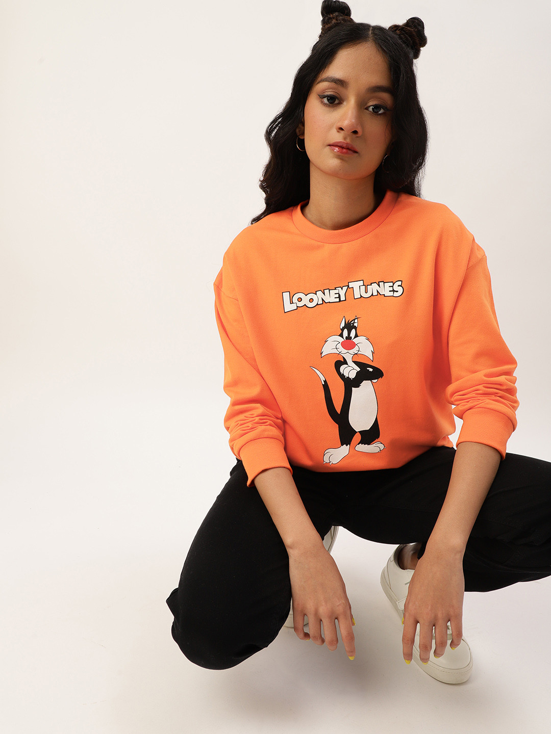 Kook N Keech Looney Tunes Teens Girls Orange & White Sylvester Printed Cotton Sweatshirt