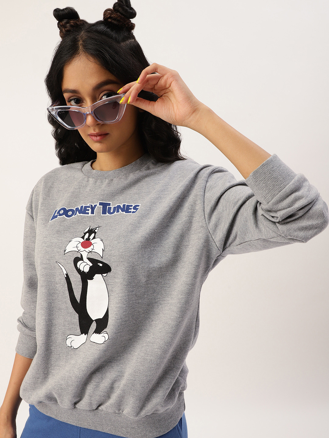 Kook N Keech Looney Tunes Teens Girls Grey Melange & White Sylvester Printed Sweatshirt