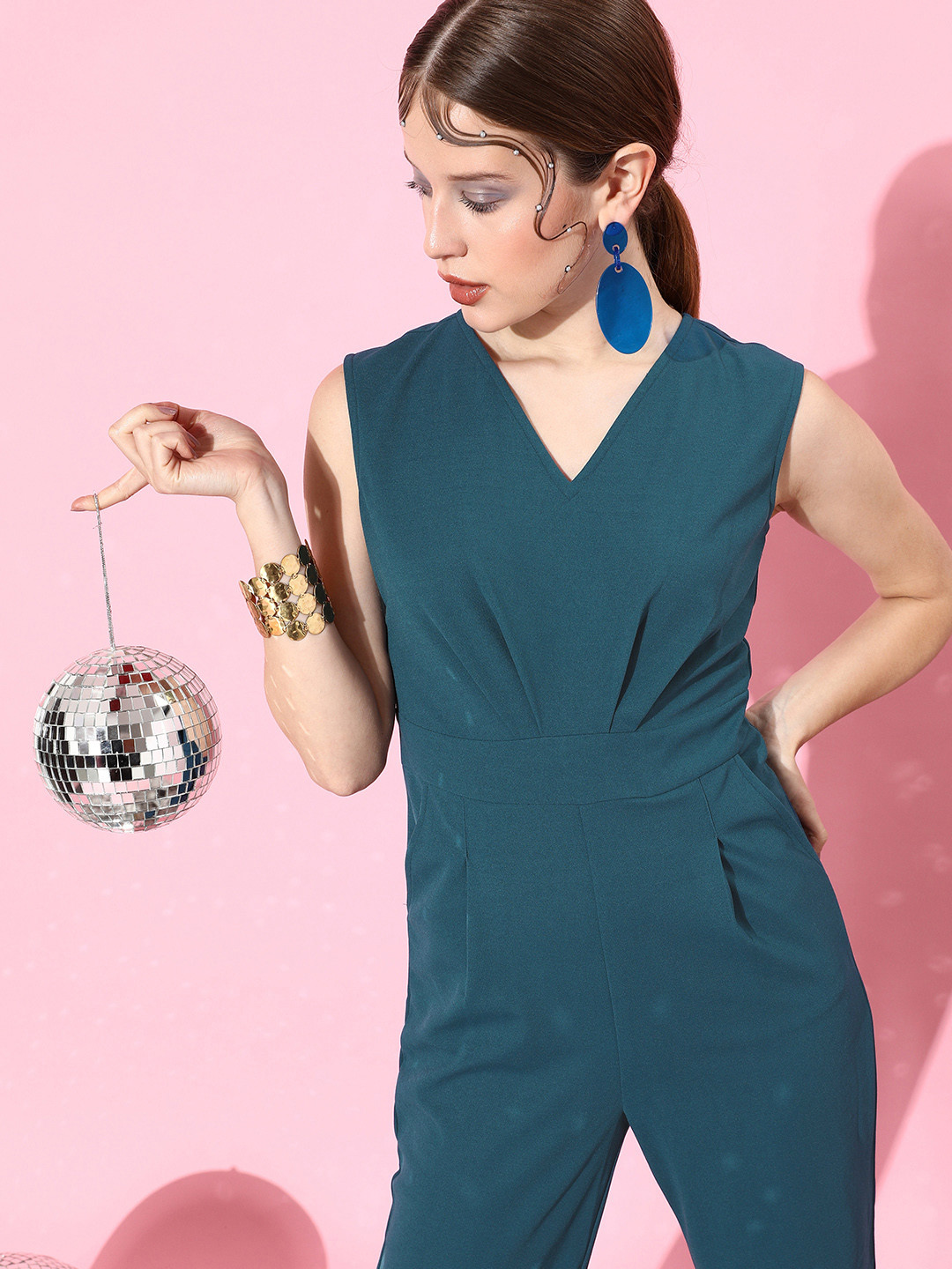 Athena Women Teal Solid New Neckline Jumpsuit