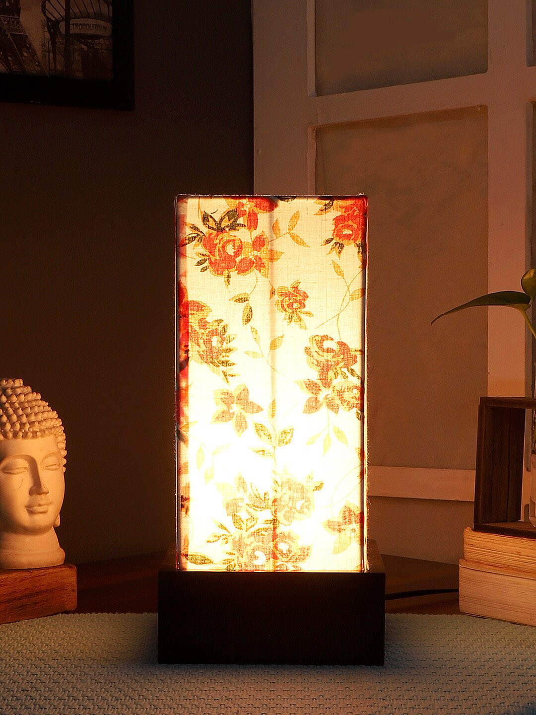 Devansh White Floral Cotton Table Lamp with Wooden Base