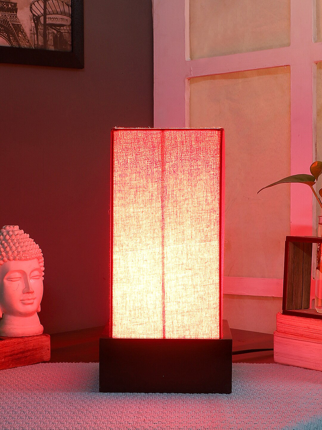 Devansh Red Cotton Table Lamp with Wood Base