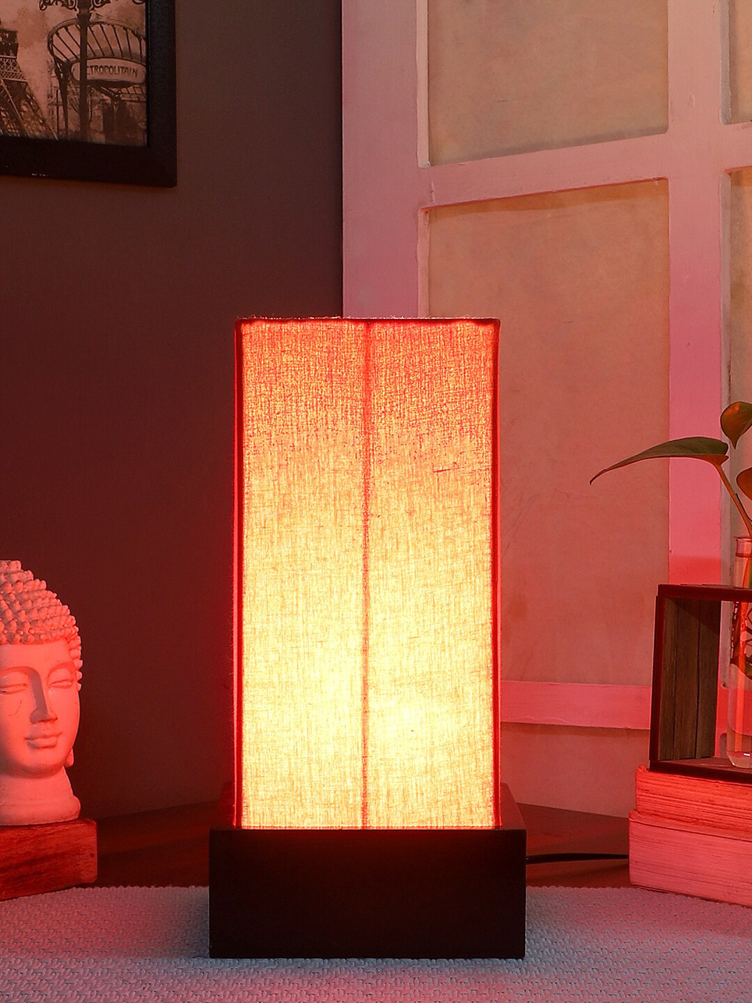 Devansh Orange Wood Table Lamp With Square Cotton Shade