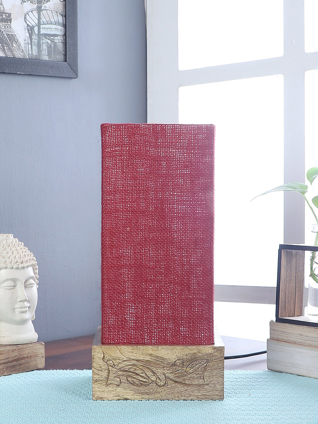 Devansh Maroon Wood Table Lamp With Square Jute Shade