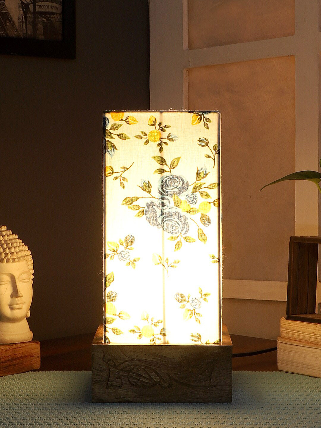 Devansh Multicolor Wood Table Lamp With Square Cotton Shade