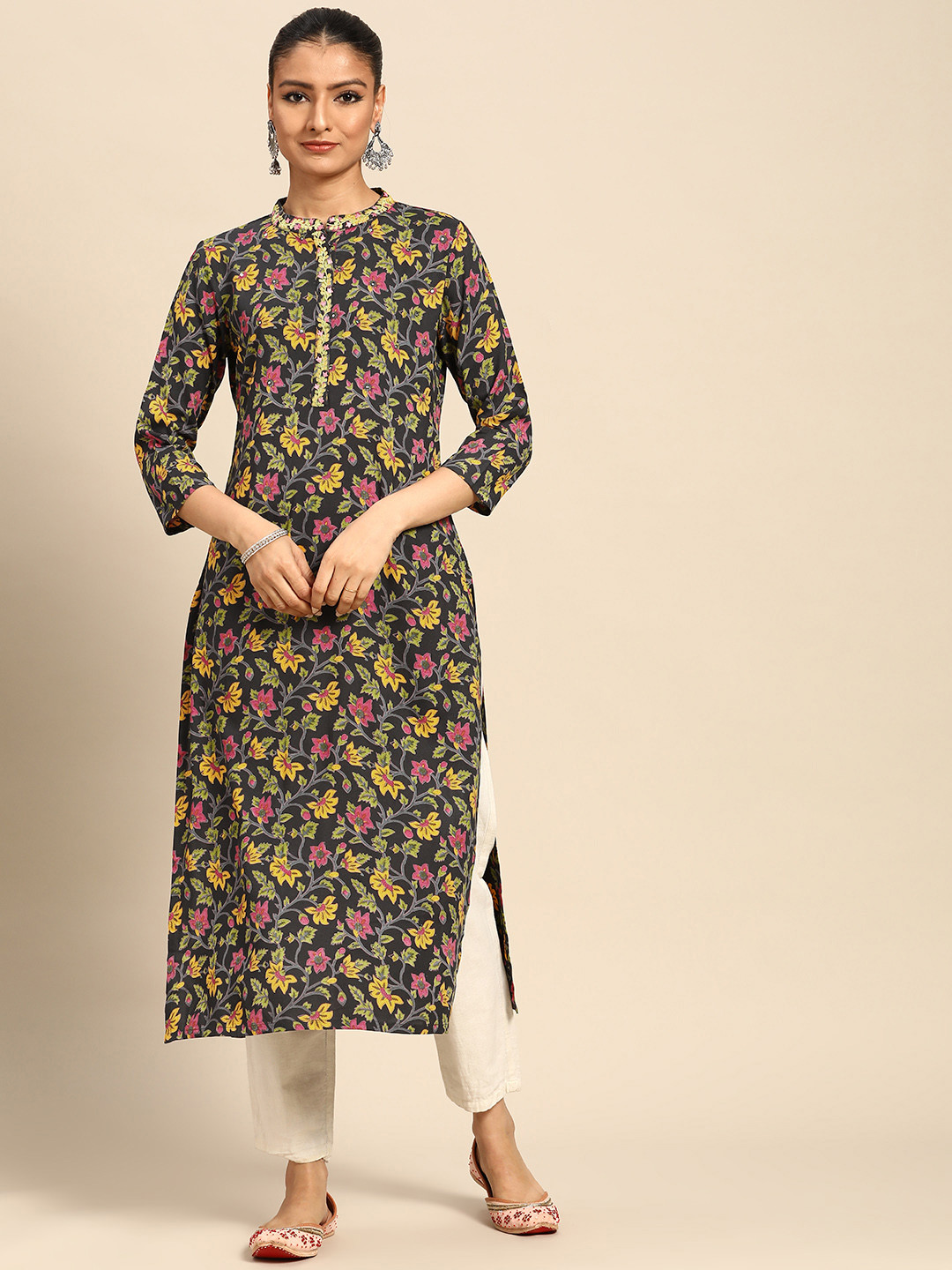 Gerua By Libas Women Black Yellow Ethnic Motifs Printed Kurta