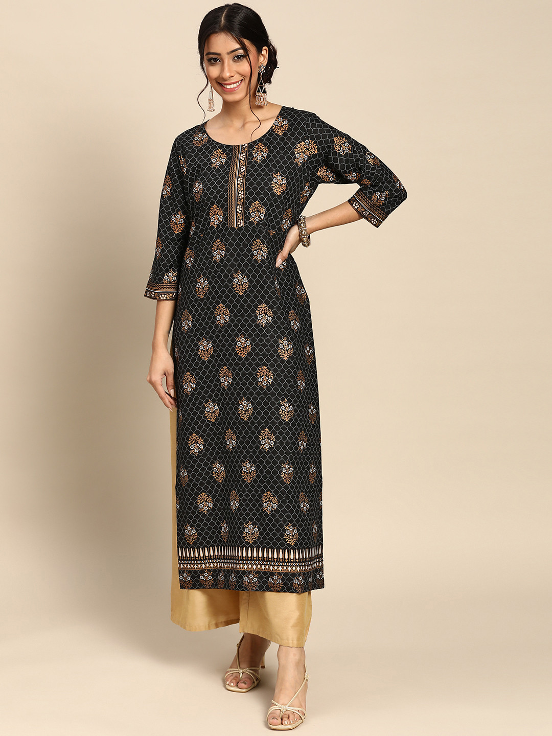Gerua By Libas Women Black Golden Ethnic Motifs Printed Kurta