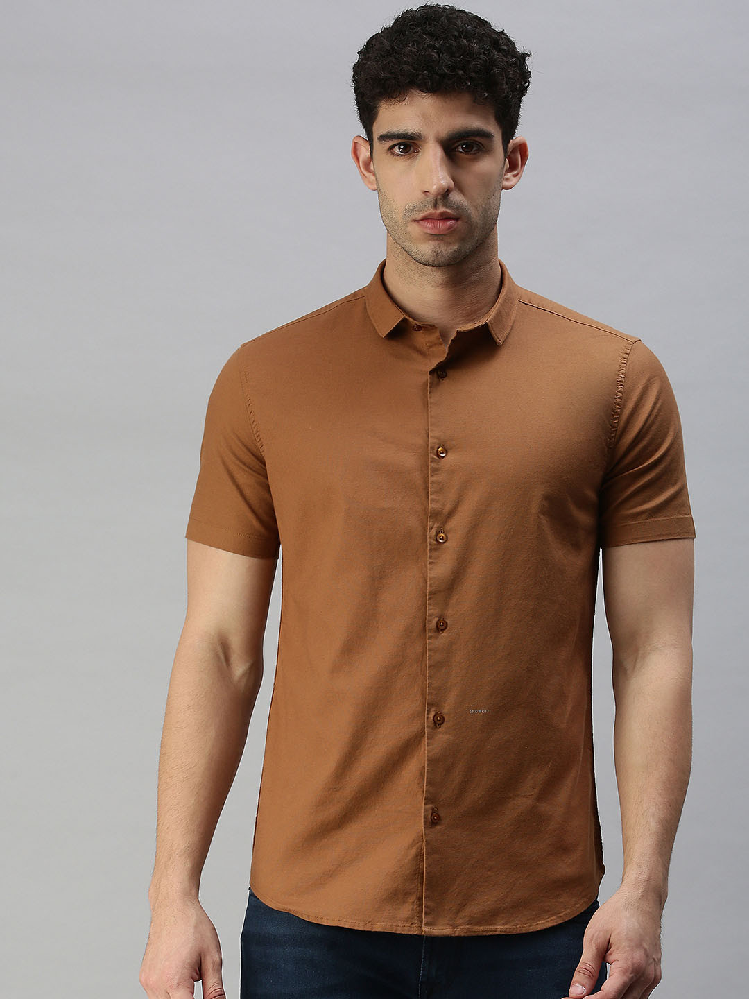 SHOWOFF Men's Khaki Premium Slim Fit Casual Shirt
