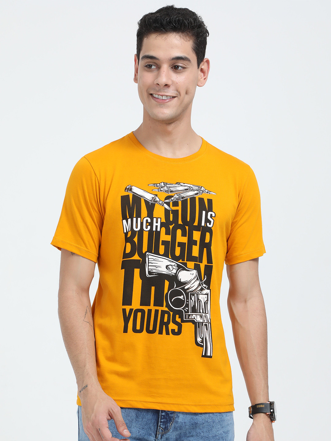 Fleximaa Men Mustard Yellow Typography Printed T-shirt